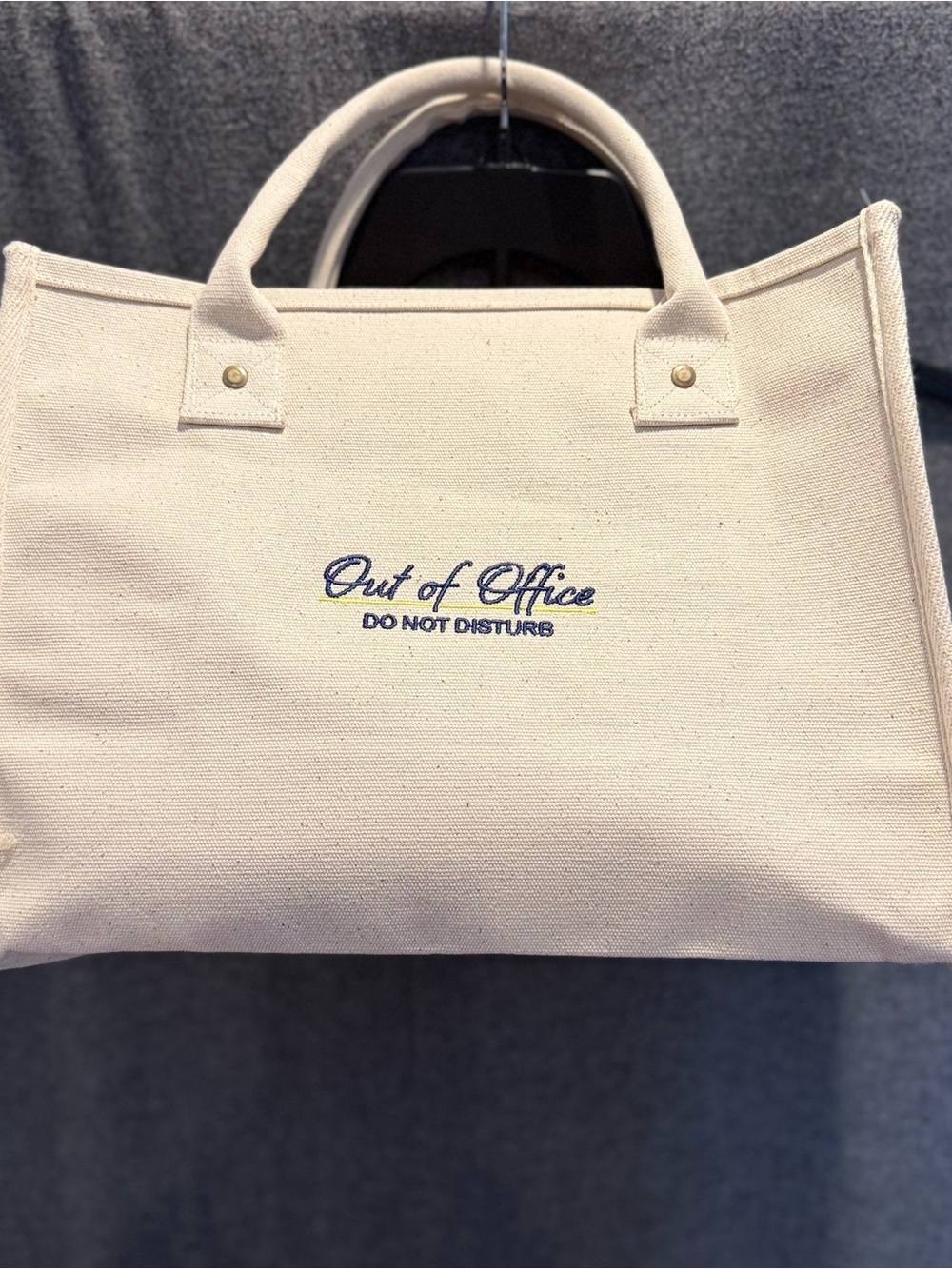 “Out of Office” Canvas Tote Bag - Natural with Navy Embroidery. Great condition